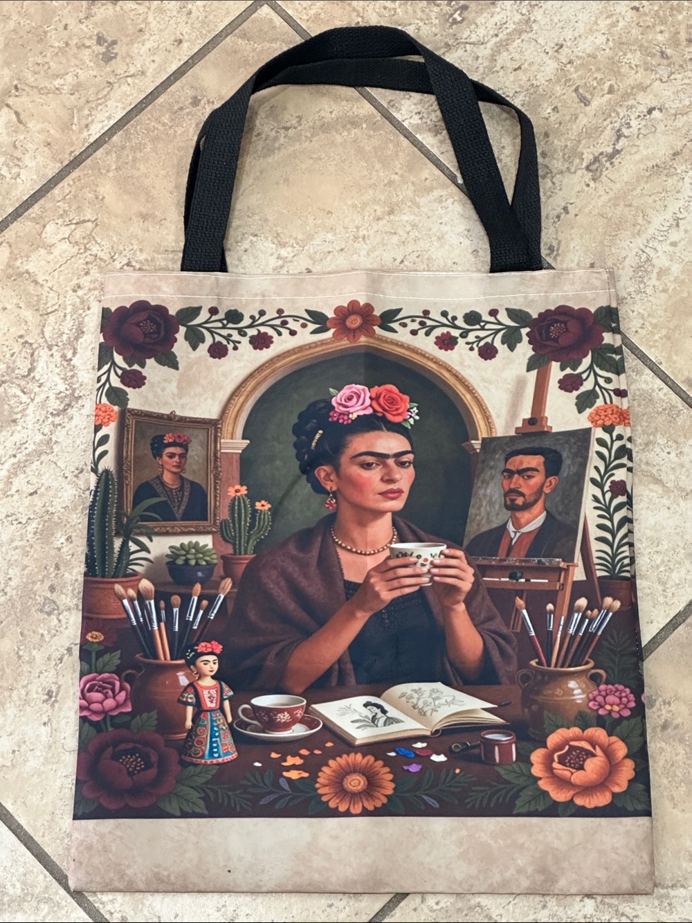 Frida-Inspired Art Tote Bag in Beige and Black